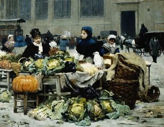 Un puesto de verduras, en Les Halles Centrales, París, 1878