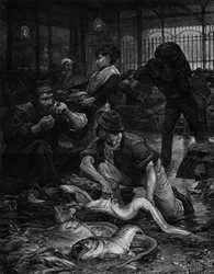 Un rincón del Salón de Pescado por la mañana (1880). Grabado después de la pintura de Victor Gabriel Gilbert (1847-1933). En “The Illustrous World” n°1244 del 29 de enero