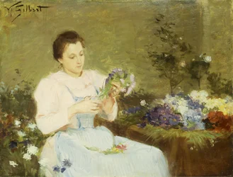 Arreglando flores para un ramo de primavera