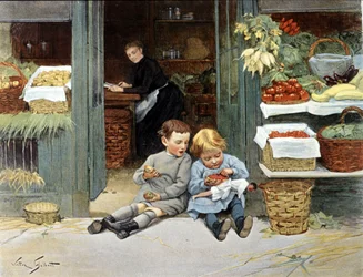 Dos niños comen una manzana y fresas. Ilustración