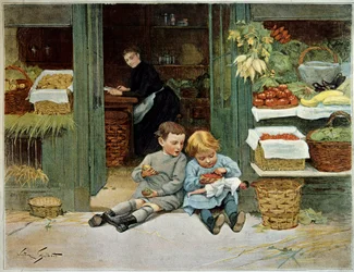 Tour him. Niño comiendo tostadas frente a los comestibles de su madre. La niña pequeña tiene una muñeca en sus rodillas. Pintura de Victor Gilbert (1847-1935). París, Artes Decorativas