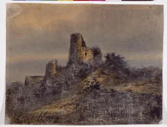 Vista de las ruinas del castillo de Arques la Bataille (Arques-la-Bataille) Dibujo de Victor Hugo (1802-1885) Siglo XIX Dim 17,4x22 cm Marsella, Chateau Borely, Museo de Artes Decorativas, Loza y Moda