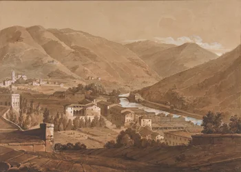Pueblo en un valle alpino, s.f.