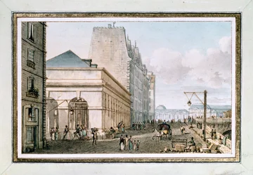 Vista del nuevo Mercado de Aves, situado en el Quai des Augustins cerca del Pont-Neuf, París, c. 1810