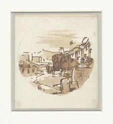 Boceto fugaz de edificios clásicos, un templo y un pórtico en un muro curvo