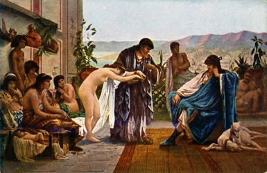 Historia. Roma antigua. Comerciante de esclavos. Ilustración de V. Giraud, República Checa, hacia 1910 (postal)