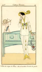 Mujer con vestido de crepé de chine con cinturón y bolso bordado con perlas. Un cupido apunta un dardo de amor a su cabeza. Bata de crepé de chine, saco y cinturón bordados de perlas. Grabado pochoir (stencil) coloreado a mano según una ilustración de Vict