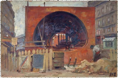 Les travaux du métropolitain place Saint-Michel en 1906, en 11-1906 (óleo)