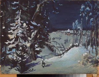 Decoración preparatoria para la obra de teatro ""La demoiselle des neiges"" de Alexandre Ostrovsky (1823-1886) (Escenografía para la obra de teatro Snow Maiden de A Ostrovsky) La foret enneigee - Obra de Viktor Mikhaylovich Vasnetsov (1848-1926) , aceite e