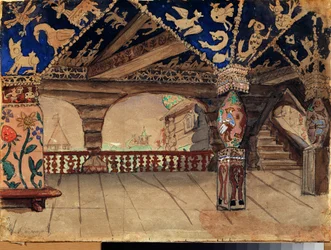 Decoración preparatoria para la obra de teatro ""La demoiselle des neiges"" de Alexandre Ostrovski (1823-1886) (Escenografía para la obra de teatro Snow Maiden de A Ostrovsky) La terraza de madera - Obra de Viktor Mikhaylovich Vasnetsov (1848-1926) ) , ace