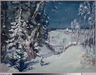 Decoración preparatoria para la ópera ""The Snow Maiden"" de Nicolas (Nikolai) Rimsky Korsakov (Rimsky-Korsakov) (1844-1908) (Escenografía para la ópera Snow Maiden de N Rimsky Korsakov) Un pueblo en un paisaje nevado, noche - Obra de Viktor Mi