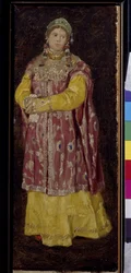 Mujer joven con el traje tradicional y tocado de la antigua Rusia - Doncella con traje antiguo ruso - Obra de Viktor Michaylovich Vasnetsov (1848-1926), óleo sobre cartón