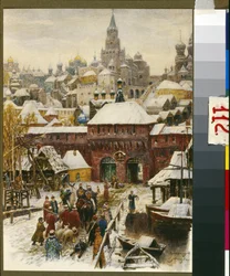 Moscou au 17e siecle (Moscú en el siglo XVII). Oeuvre de Appolinari Mikhaylovich Vasnetsov (1856-1933), litografía. Art russe, fin 19e-debut 20e siecle. Museo de Historia y Reconstrucción de Moscú, Moscou.