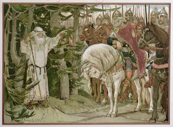El príncipe Oleg (c.912) se encuentra con el adivino que profetiza que su caballo será la causa de su muerte, ilustración de 