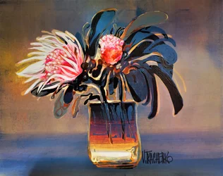 Naturaleza muerta con proteas en negrita