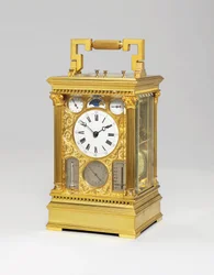Reloj de carruaje francés de gran sonería de ocho días con calendario completo, fase lunar, barómetro y termómetro, c.1880