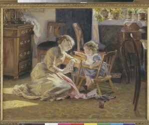 Luz del sol en la sala de estar. La esposa y el hijo del artista