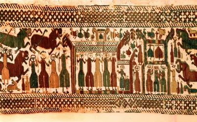 Vikingos: cantantes y campaneros. Tapiz de la iglesia de Skog, Suecia, finales del siglo XII. Estocolmo, museo histórico