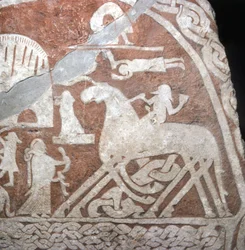 Wotan (Odín), sobre su caballo de ocho patas Sleipnir - runas vikingas de la isla de Gotlandia (Suecia)