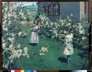 ""Fleurs de mai"" (flores de mayo) Niñas jugando a la pelota en un jardín de flores en primavera. Pintura de Viktor Elpidiforovich Borisov-Musatov (1870-1905) 1894 Galería Estatal Tretyakov, Moscú