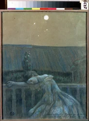 ""The Sorrow"" (Tristeza) Una joven desesperada apoyada en una barandilla. Acuarela y pastel de Viktor (Victor) Elpidiforovich Borisov-Musatov (Borisov Musatov) (1870-1905) (simbolismo) 1903 Museo Estatal de Historia y Arte Serpukhov (Serpukhov).