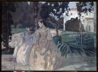 Tapiz. Dos mujeres jóvenes y elegantes caminan por el jardín de una finca rica. Pintura de Viktor (Victor) Elpidiforovich Borisov Musatov (Borisov-Musatov)(1870-1905). témpera sobre lienzo