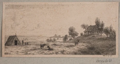Paisaje con una casa de campo y una cabaña
