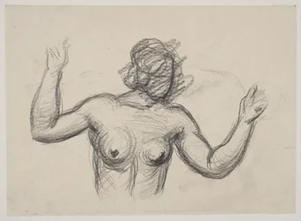 Figura femenina, medio cuerpo, levantando los brazos