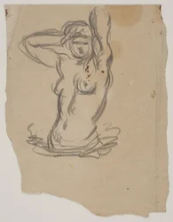 Figura femenina, medio cuerpo, arreglándose el cabello