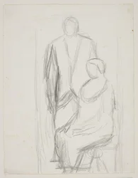 Lundstrøm de pie detrás de la sentada señora Lundstrøm. Estudio para el llamado cuadro de bodas
