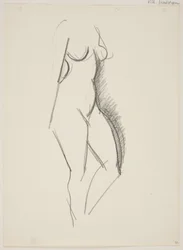 Mujer desnuda de pie, vuelta hacia la derecha