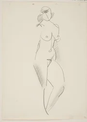 Mujer desnuda de pie, vuelta hacia la derecha