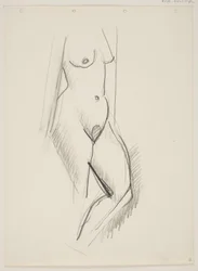 Mujer desnuda de pie, vuelta hacia la derecha