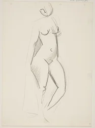 Mujer desnuda de pie, vuelta hacia la derecha, con un drapeado en la mano