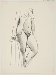 Mujer desnuda de pie, vuelta hacia la derecha, con un drapeado en la mano