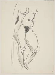 Mujer desnuda de pie, vuelta hacia la derecha, con un drapeado en la mano