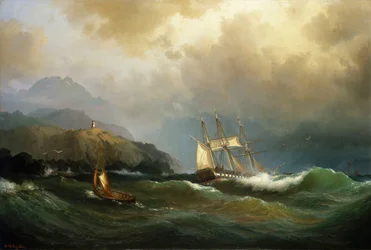 Una fragata arañando una costa rocosa