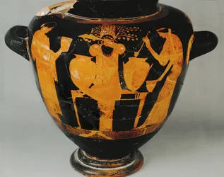 Festival de Dionoysos, dos mujeres acólitas, Dionysos en el centro ...