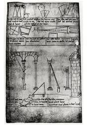 Ms.Fr.19093 fol.20v Figuras geométricas para construcción, arcos y hombre midiendo la altura de una torre (copia facsímil)