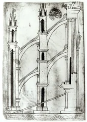 Ms Fr 19093 f.32v Sección de la pared y arco de las capillas absidiales de la Catedral de Reims (copia facsímil)