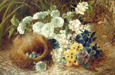 Una naturaleza muerta de flores y un nido de pájaros en un banco musgoso