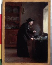 ""¡Flaco!"" (tarifa de Cuaresma) Una cura culinaria durante el período de Cuaresma. Pintura de Vincent Jean-Baptiste (Jean Baptiste) Chevilliard (1841-1904) Museo del Hermitage, San Petersburgo, Rusia