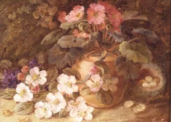 Naturaleza muerta con flor de manzano, prímula y nido de pájaro