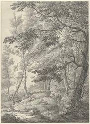 Paisaje forestal con un puente de madera y dos caminantes.