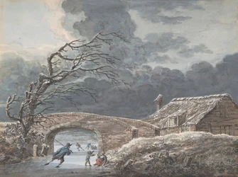 Paisaje de invierno con patinadores en un canal congelado