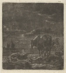 Paisaje nocturno con pastor dormido y ganado.