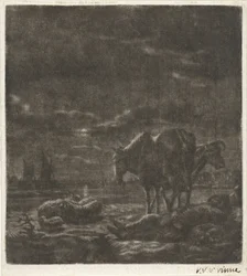 Paisaje nocturno con pastor dormido y ganado.