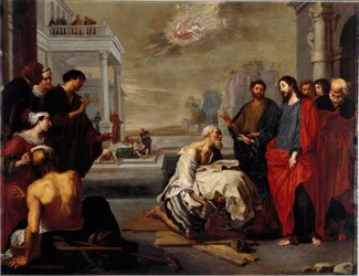 Jesús cura milagrosamente a un paralítico en Cafarnaúm. Pintura de Vincent Malo (ca. 1600-1650). Genes, Galleria Nazionale di Palazzo Spinola, Italia