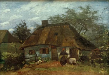 Casa de campo y mujer con cabra
