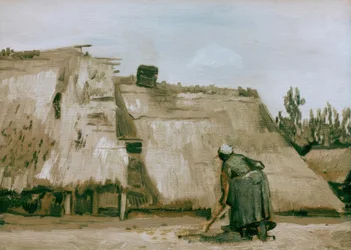 Cabaña con campesina trabajando